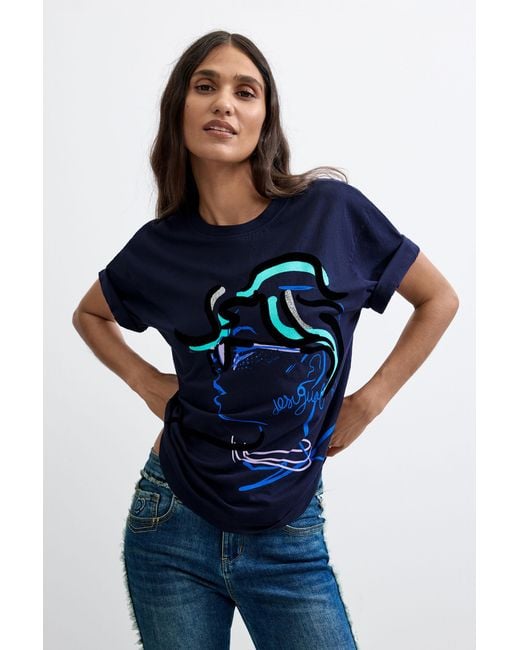 Desigual Blue Printed T-Shirt 100% Cotton, Cotton