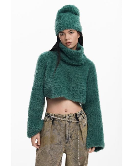 Desigual Green Pack Cropped Sweater And Beanie, Polyester