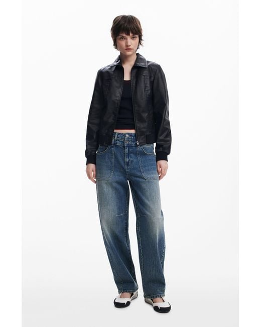 Desigual Blue Faux Leather Biker Jacket