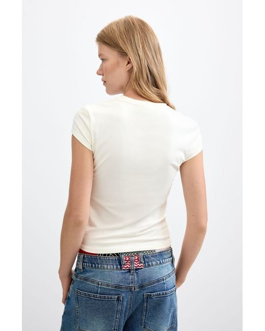 Desigual White T-Shirt With Message Print, Cotton