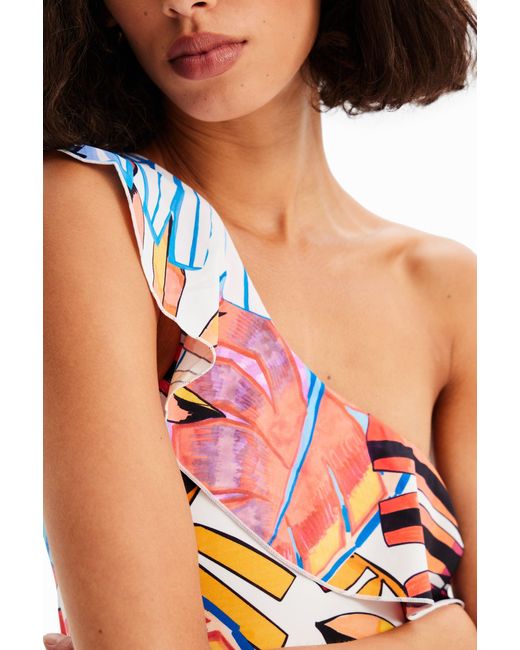 Desigual White Asymmetric Ruffle Swimsuit