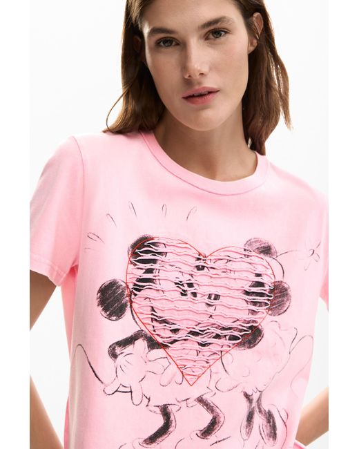 Desigual Pink T-Shirt Heart Mickey And Minnie Mouse, Cotton