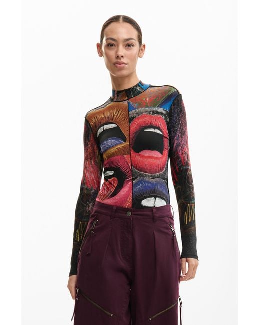 Desigual Red Long-Sleeved T-Shirt With High Neck, Viscose