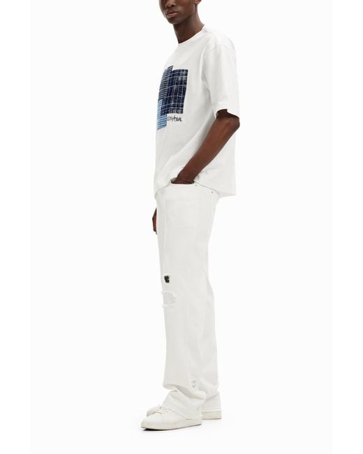 Desigual White T-Shirt With Central Patch, Cotton for men