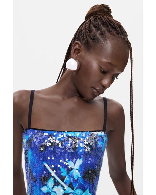 Desigual Blue Printed Strappy Dress, Viscose
