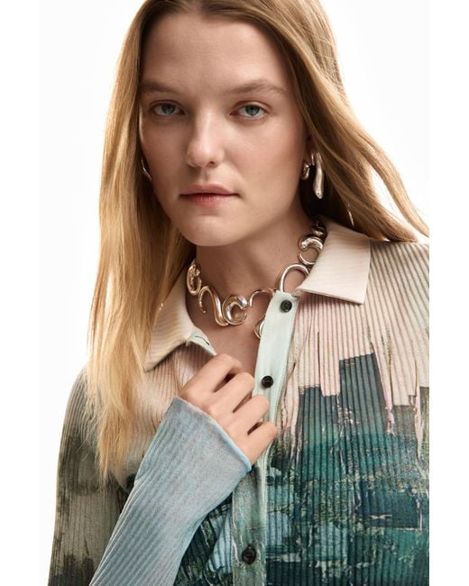 Desigual Blue Buttoned Texture T-Shirt, Polyester
