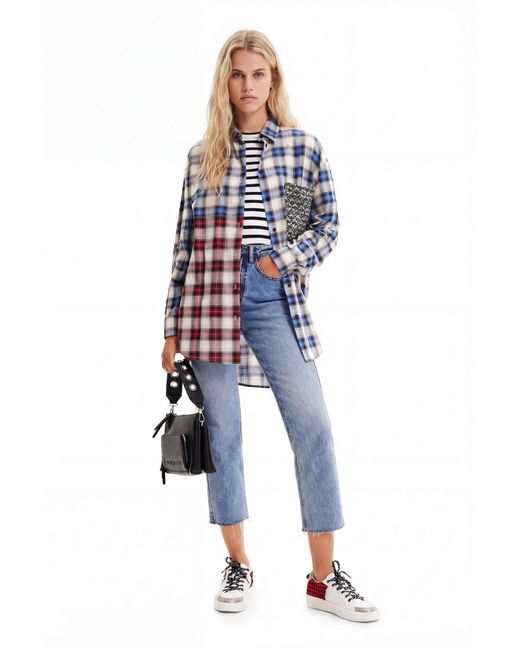 Desigual Blue Patchwork Plaid Shirt, Cotton
