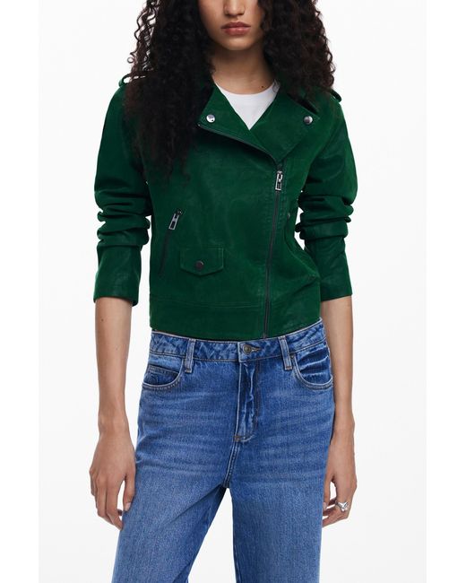 Desigual Green Textured Biker Jacket, Polyurethane