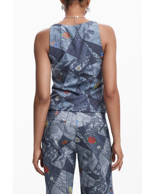 Desigual Blue Embroidered Floral Patch Tank