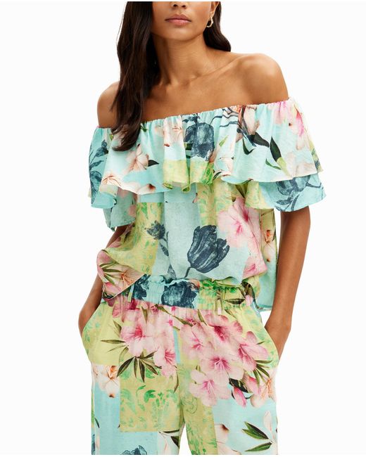 Desigual Blue Floral Ruffled Blouse