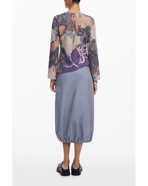 Desigual White Asymmetric Flared Sleeve Printed Top