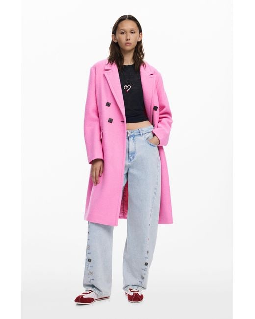 Desigual Pink Double-Breasted Coat With Buttons