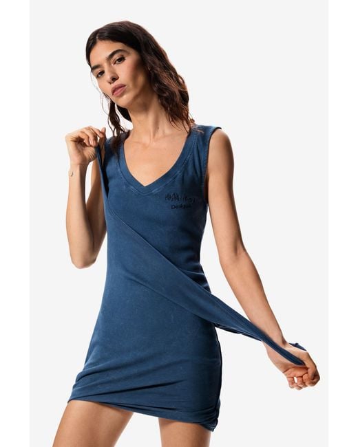Desigual Blue Fitted Dress Masha Popova, Cotton