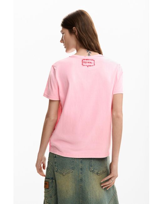 Desigual Pink T-Shirt Heart Mickey And Minnie Mouse, Cotton
