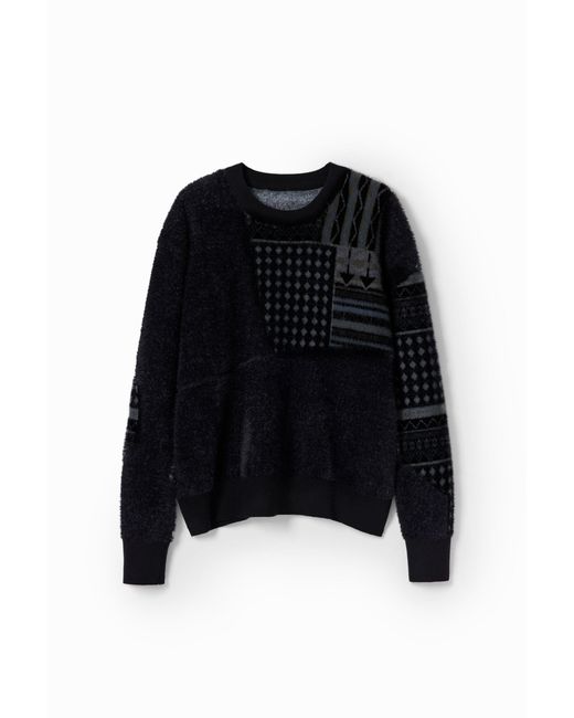 Desigual Black Geometric Patchwork Pullover for men