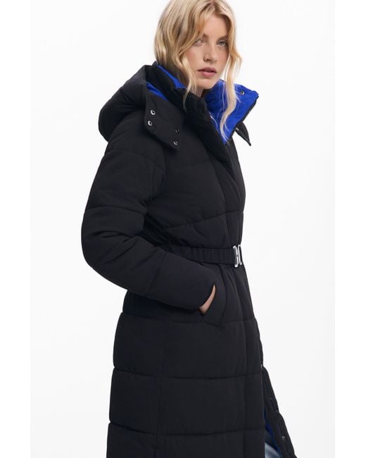 Desigual Blue Long Padded Jacket With Belt