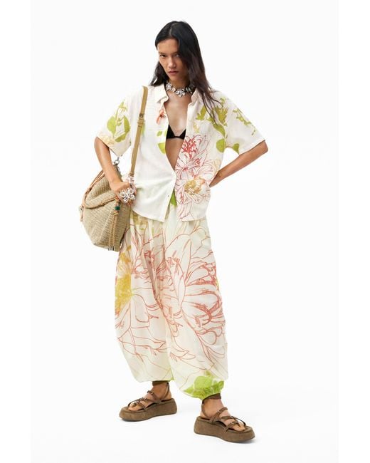 Desigual White Short-Sleeved Floral Shirt, Viscose