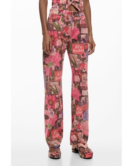 Desigual Red Printed Denim Trousers, Cotton