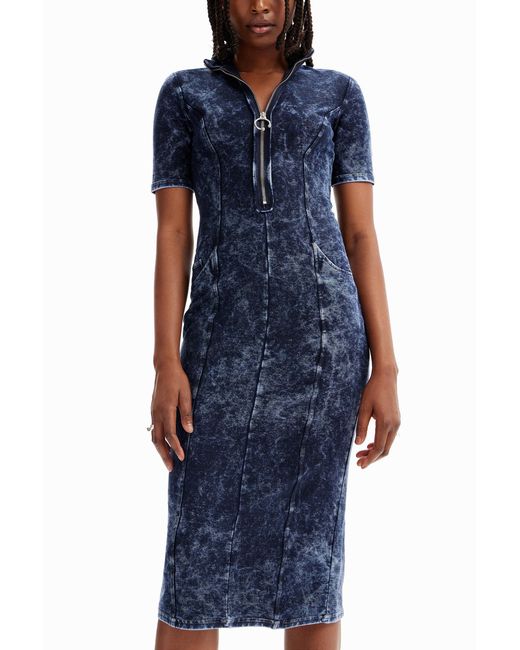 Desigual Blue Zip Midi Dress, Cotton