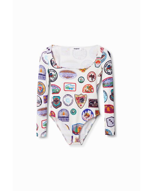 Desigual White Body With College Patch Print, Viscose