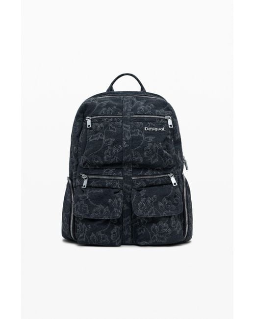 Desigual Blue Large Embroidered Denim Backpack
