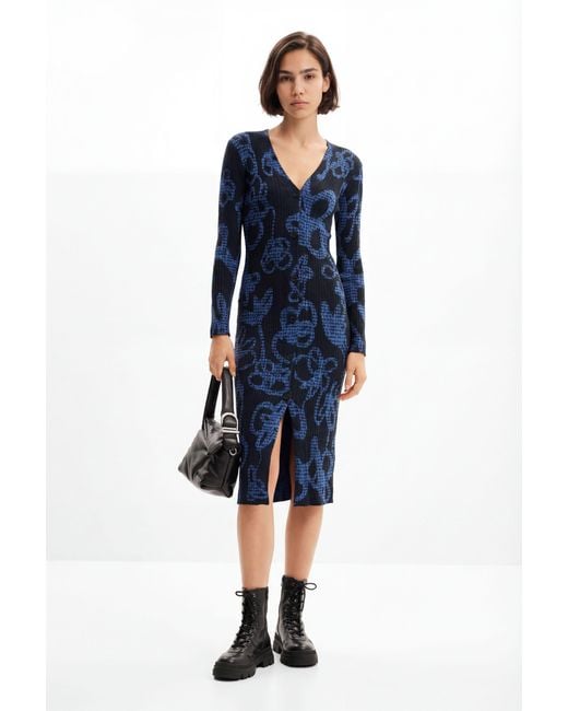 Desigual Blue Floral Knit Midi Dress