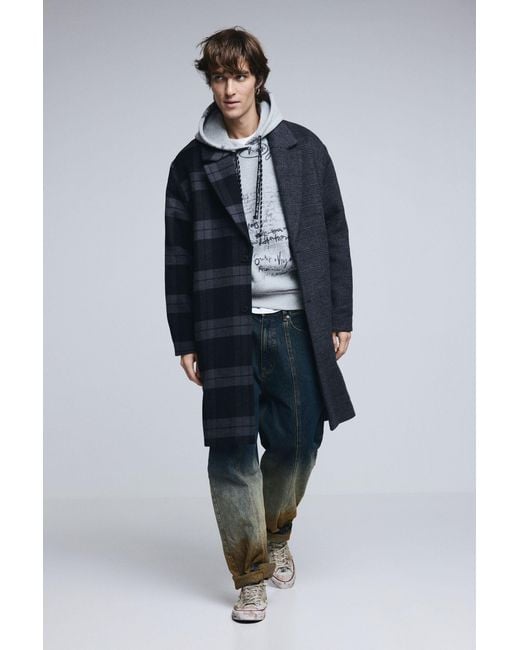 Desigual Blue Wool Bimaterial Checkered Coat for men