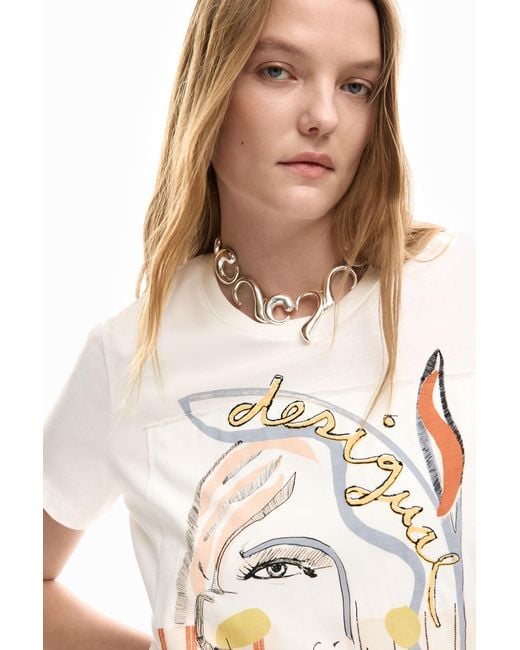Desigual White T-Shirt Logo Face, Cotton