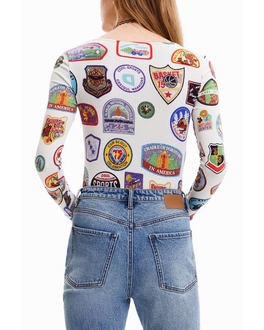 Desigual White Body With College Patch Print, Viscose