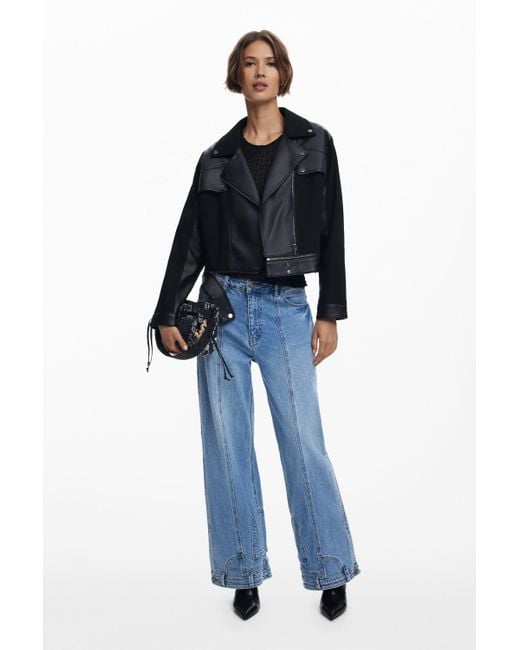 Desigual Blue Combined Faux Leather Jacket, Polyurethane