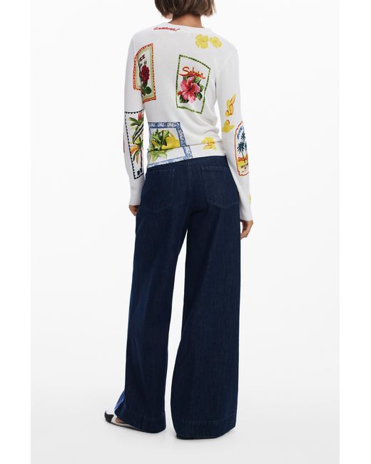 Desigual White Tropical Stamps Sweater