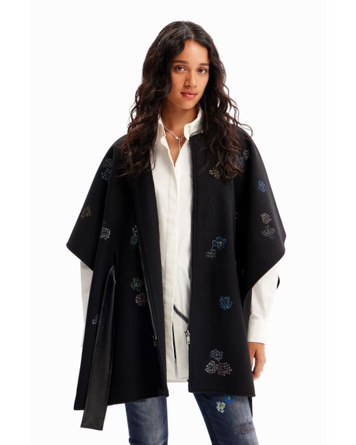 Desigual Embroidered Belted Poncho in Black | Lyst