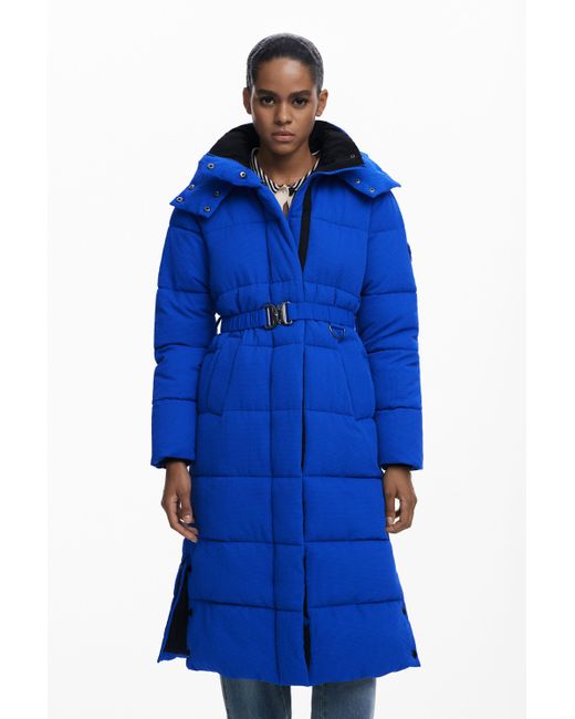 Desigual Blue Long Padded Jacket With Belt
