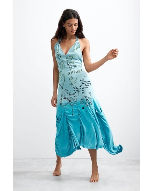 Desigual Blue Vintage Halter Dress With Lettering, Viscose