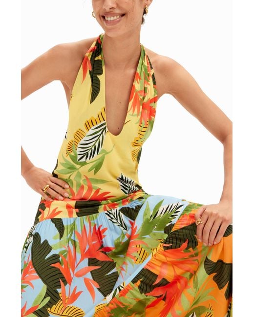 Desigual Metallic Tropical Halter Neck Maxi Dress, Viscose