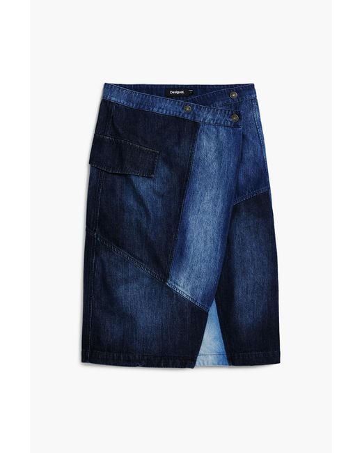 Desigual Blue Crossed Denim Midi Skirt, Cotton