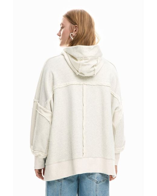 Desigual White Oversize Sweatshirt With Hood, Cotton