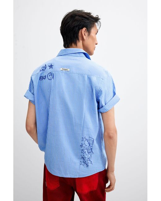 Desigual Blue Short Printed Cotton Shirt, Cotton for men