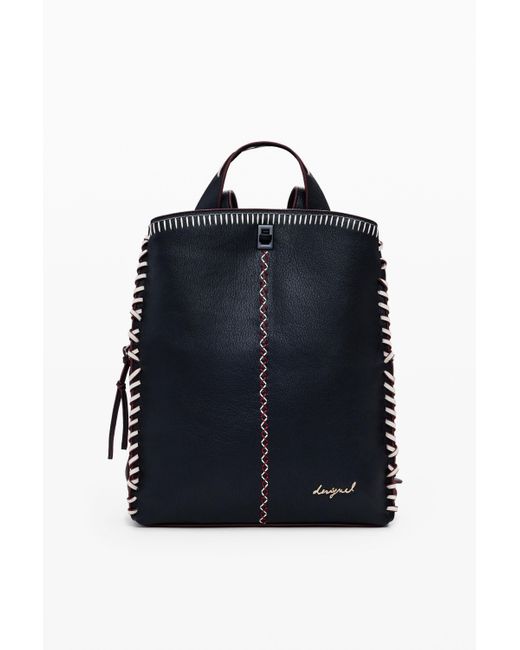 Desigual Blue Large Faux Leather Effect Backpack With Topstitching