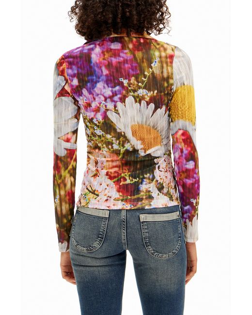 Desigual White Floral Ruched T-Shirt, Polyester