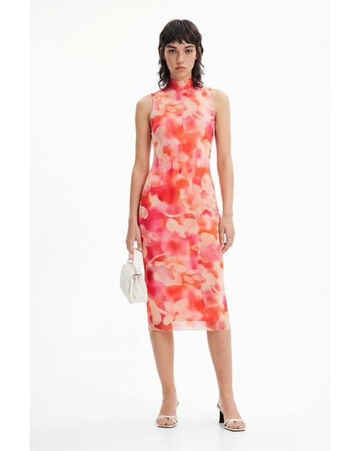 Desigual White Floral Tulle Midi Dress, Polyester