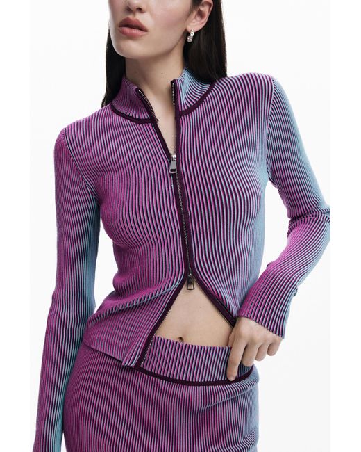 Desigual Purple Vertical Striped Zipper Cardigan