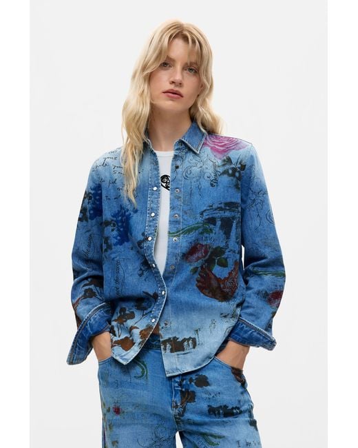 Desigual Blue Printed Embroidered Shirt, Cotton