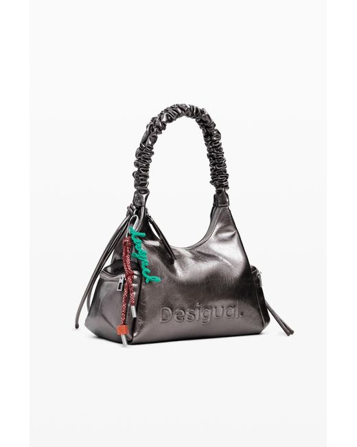 Desigual Black Metallic Medium 3D Logo Bag With Ruched Handle