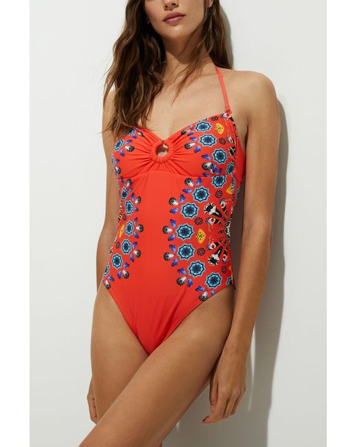 Desigual Red Bandeau-Badeanzug Tiefseemuster