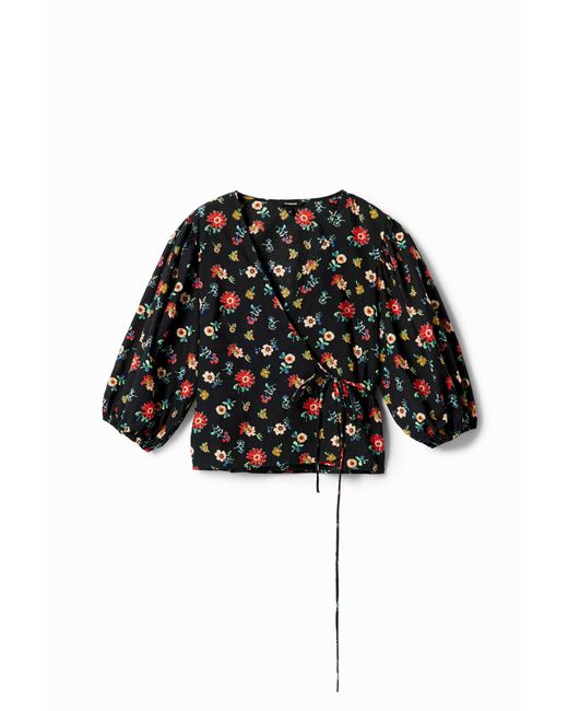 Desigual Black Floral Wrap Blouse, Cotton