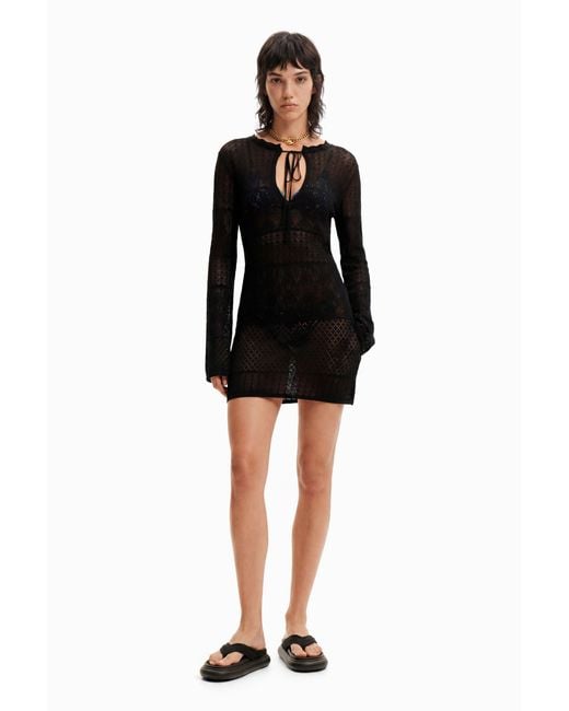 Desigual Black Short Openwork Tunic Dress