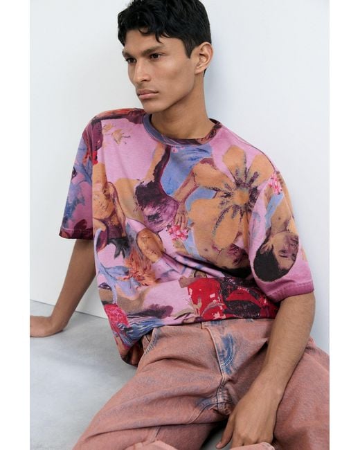 Desigual Pink Floral Printed T-Shirt, Cotton for men