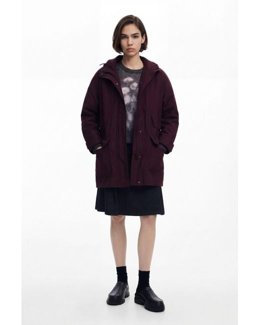 Desigual Red Floral Patch Hooded Parka