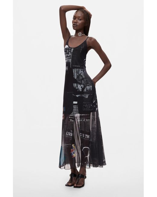 Desigual Blue Printed Strappy Dress, Polyester